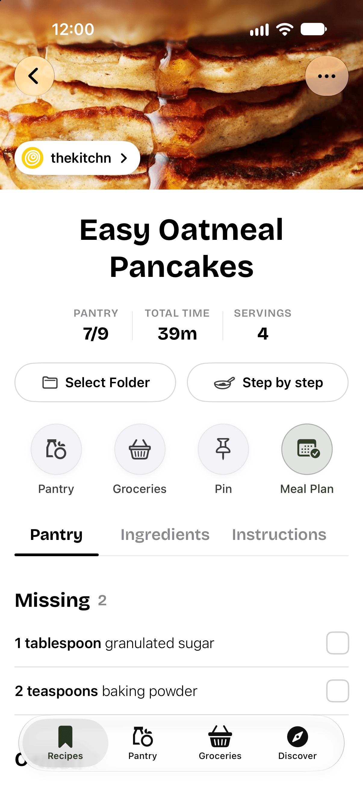Recipe ingredients showing what is in your pantry and what is missing